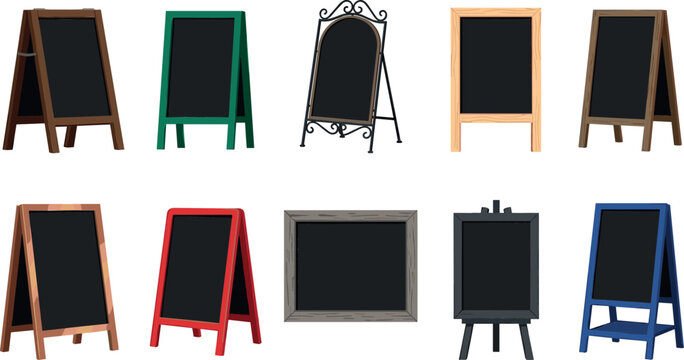 Vector collection of wooden sandwich board chalkboards and sidewalk A-frame signs isolated on white background for restaurant menu advertisement and announcement
