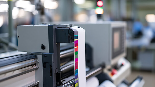 Industrial large format printer head with colorful color calibration test strip in a modern manufacturing plant environment equipment photo