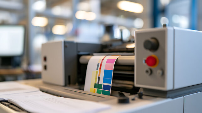 Industrial digital press machine processing color print sample paper in a modern manufacturing workshop facility for production business