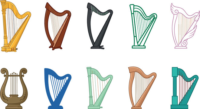 Harp musical instrument vector set featuring classical concert harps celtic folk lyre acoustic strings symphony orchestra and music academy design elements