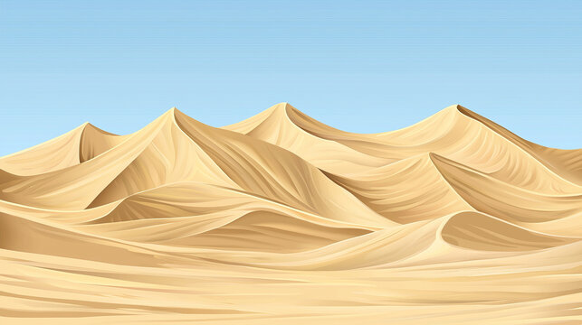 Dynamic, stylized desert landscape with flowing golden sand dunes under a clear blue sky Arid, tranquil, and vast