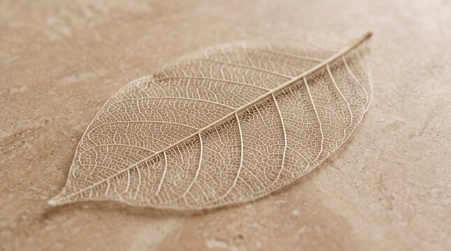 A single delicate skeleton leaf resting on a textured beige stone surface in soft light with intricate vein patterns patterns lies centered with smooth light brown