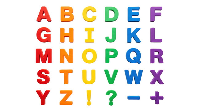 Colorful plastic magnetic alphabet letters grid isolated on white background