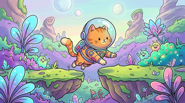Cute ginger astronaut cat jumping between floating islands on colorful alien planet illustration
