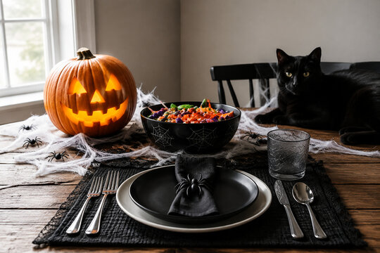 Halloween table setting with pumpkin, candy bowl, webs and black cat, holiday dining scene