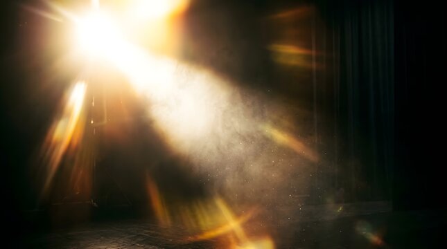 Dramatic theatrical spotlight burn with high contrast glowing light leaks