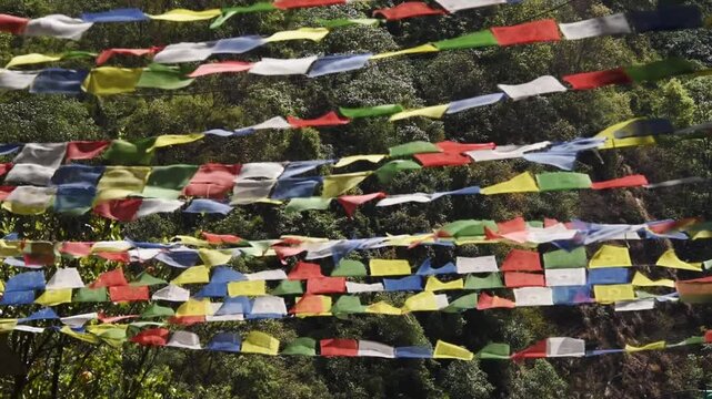 Colourful Buddhist prayer flags strung above the forested hillside on the Poon Hill trek, Annapurna region, Nepal