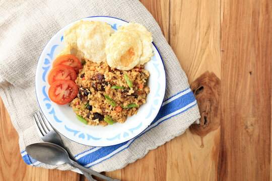 Top View Nasi Goreng kambing or fried rice with goat or lamb