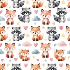Fototapeta premium Seamless watercolor pattern with cute raccoon, fox woodland animals. Adorable forest characters repeat on white background. Soft pastel drawing for baby nursery decor, kids textile fabric, wrapping