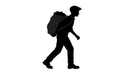 Fototapeta premium Silhouette of a young student walking with a heavy backpack isolated on white background