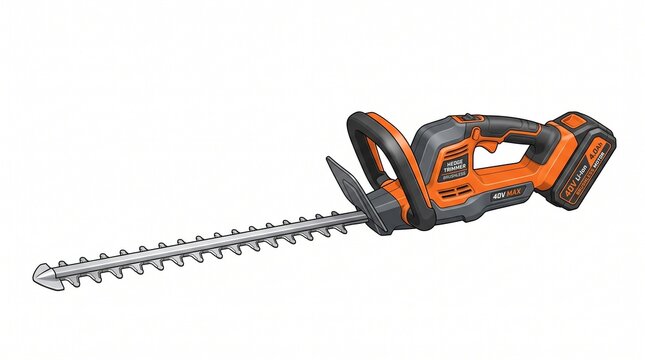 Modern cordless electric hedge trimmer with 40v lithiumion battery, powerful gardening tool for trimming bushes and hedges in a residential garden setting