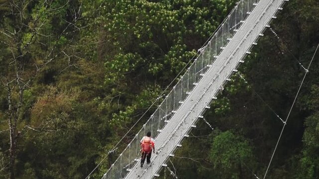 Trekker crossing the Jhinu Danda suspension bridge over forested slopes, Annapurna region, Nepal