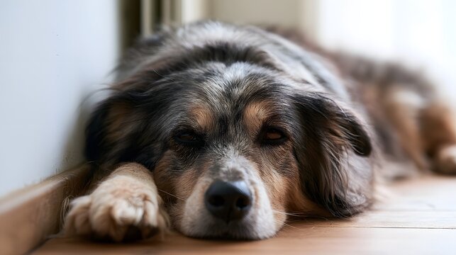 A relaxed dog with fluffy coat rests its head on wooden floor near white wall  eyes half closed in calm indoor setting