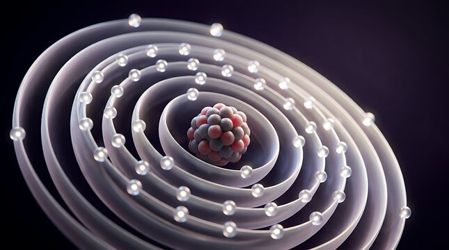 Atomic structure model showing a central dense nucleus surrounded by glowing electron orbital rings on a dark black background setting