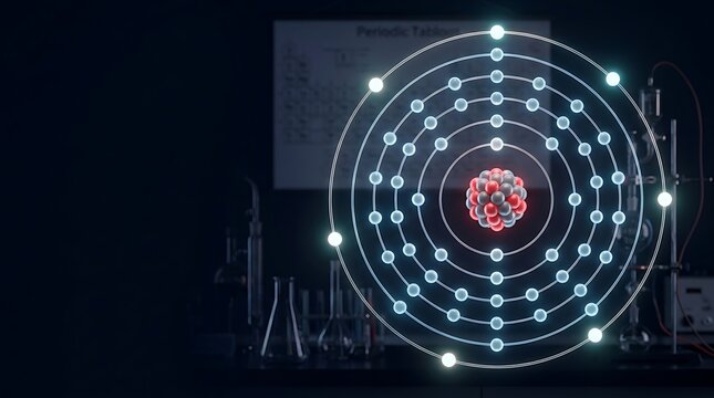 Glowing atomic structure model featuring a dense central nucleus with bright orbiting electrons captured inside a dark professional science laboratory