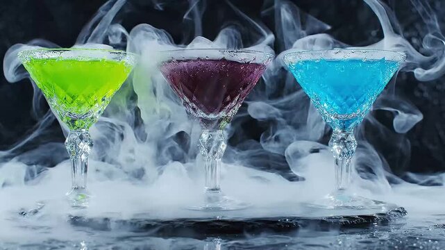 Cocktail glasses filled with colorful green, purple, and blue liquids release thick white smoke on a table.