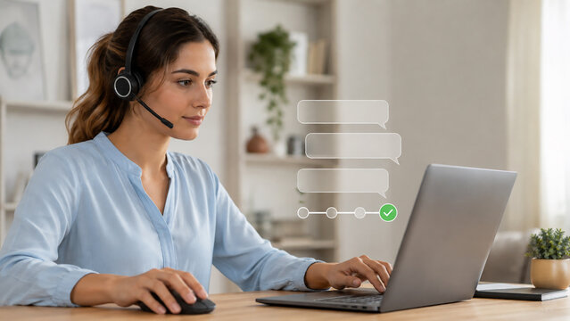 Customer support agent wearing a headset while working on a laptop with a digital workflow interface, concept of call center, help desk and remote customer service.