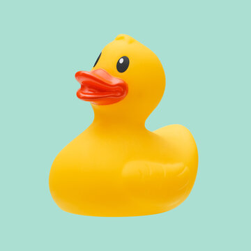 Yellow Rubber Duck Toy on Mint Green Background