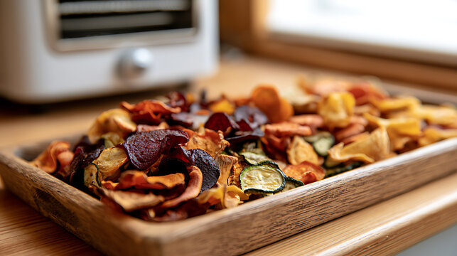 Freshly made crispy vegetable chips arranged on a rustic wooden tray in a bright modern kitchen, highlighting healthy snack options avail