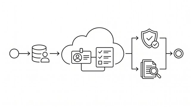 Cloud Access Review Workflow Line Illustration. User Permission Audit, Access Control Review and Cloud Security Management Outline Vector Isolated on White Background
