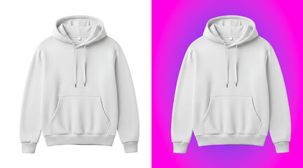 Plain white hooded sweatshirt with long sleeves and a front pocket, isolated on a white background, blank apparel for custom printing © Khandakar