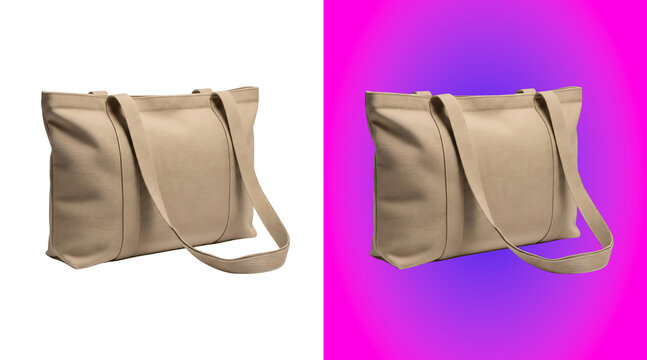 Plain beige canvas tote bag with long shoulder straps isolated on a white background, for sustainable shopping, and eco-friendly fashion accessory