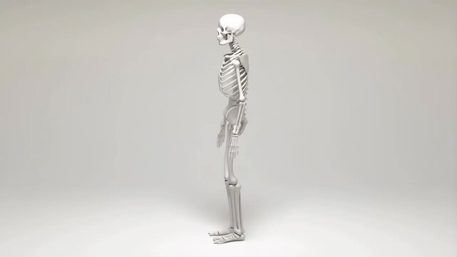 Human Skeleton Rotating from Front to Back in a Minimal White Studio Setting