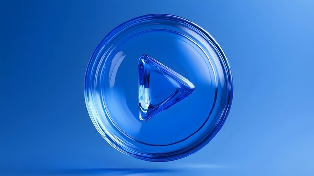 3d blue liquid glass play button set, translucent circle frame with triangle render. Glassmorphism ui element for start playing of video, audio or multimedia. Music and movies badge Stock Illustration