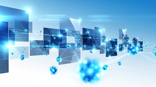 Abstract digital network connections with blue floating glass squares