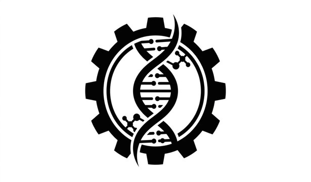 Gear and DNA strand genetic engineering biotechnology silhouette vector illustration