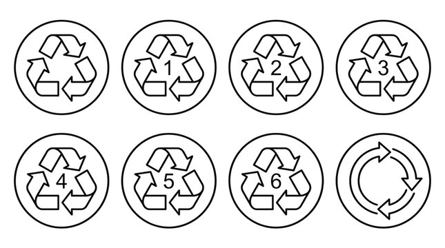 Recycling symbol set with resin identification codes 1 to 6, black line icons for plastic waste sorting and sustainability