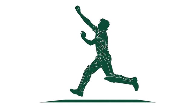 Green silhouette of a cricket bowler in action, professional athlete throwing the ball.