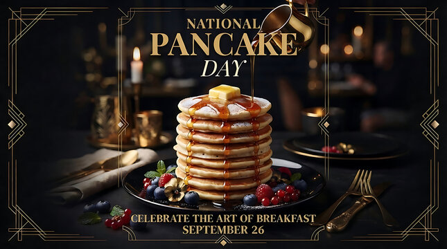 National pancake day poster with tall stack of syrup covered pancakes