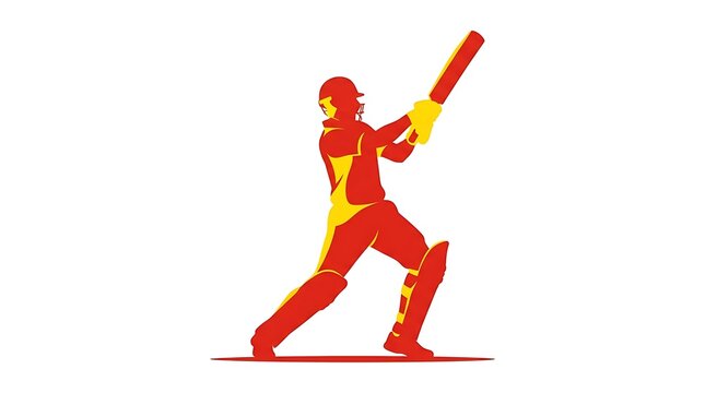 Cricket batsman hitting a shot, stylized red and yellow sports vector illustration.