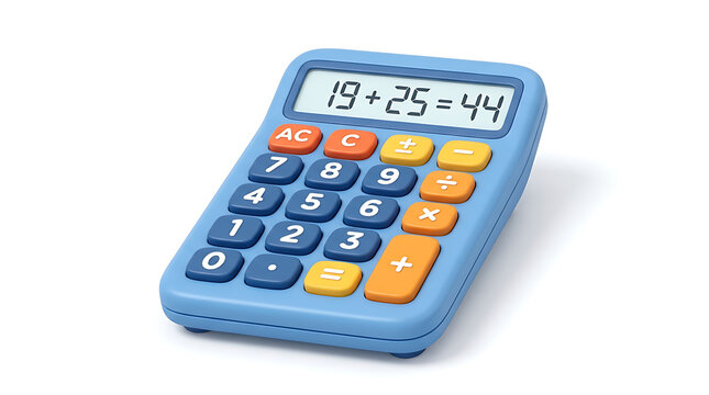 A blue calculator with orange and yellow buttons displaying '19 + 25 = 44' on its screen, isolated on a white background.