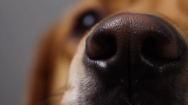 Dog nose remains in extreme close-up with subtle movement against a softly blurred background