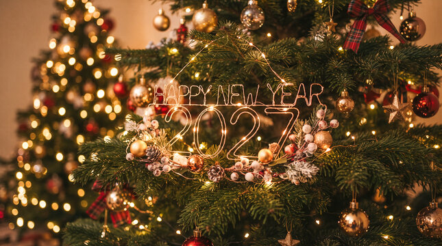 Decoraci&oacute;n festiva para el a&ntilde;o nuevo 2027. Las cifras iluminadas con luces de hadas cuelgan de ramas de abeto, junto a una pancarta que dice "HAPPY NEW YEAR". Fondo c&aacute;lido con chimenea y &aacute;rbol de Navi