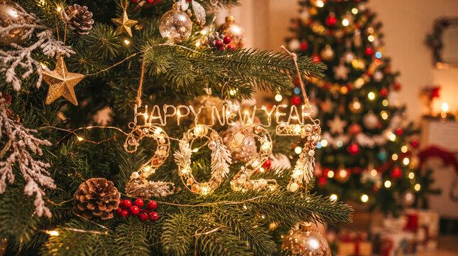 Decoraci&oacute;n festiva para el a&ntilde;o nuevo 2027. Las cifras iluminadas con luces de hadas cuelgan de ramas de abeto, junto a una pancarta que dice "HAPPY NEW YEAR". Fondo c&aacute;lido con chimenea y &aacute;rbol de Navi