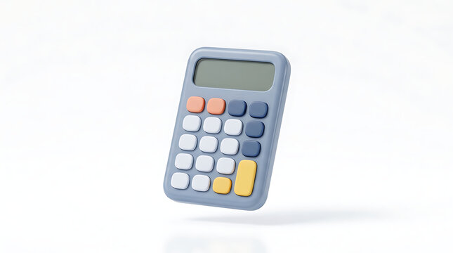 A 3D rendered light blue calculator with colorful buttons floating on a clean white background, symbolizing computation and finance.