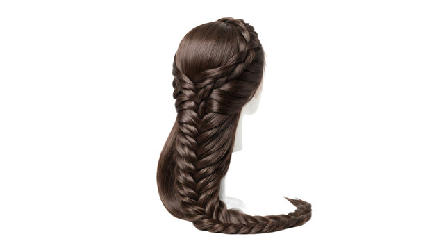 Brunette wavy wig on mannequin head, long brown curly hairpiece for beauty salon, realistic synthetic hair extension on white background