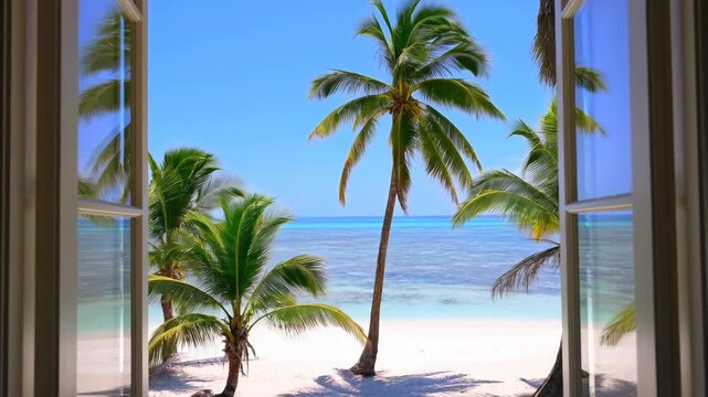 Palm trees sway beyond an open window overlooking a tropical beach and turquoise ocean
