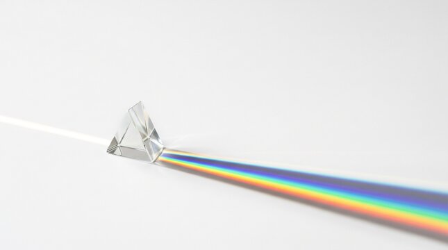 A clear glass triangular prism refracts a beam of white light into a vibrant rainbow spectrum with through process refraction surface splits single