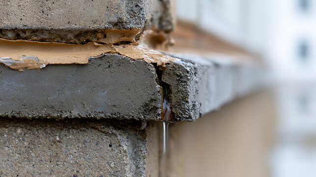 Close up view of water leak drop falling from a damaged crack in the concrete wall structure of a building, showing construction flaw