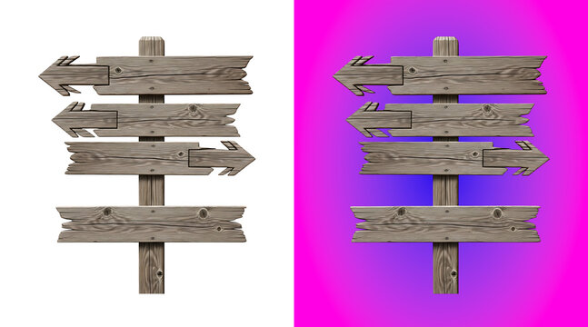 Wooden directional signpost with four blank planks pointing in different directions, isolated on a white background, front view, rustic