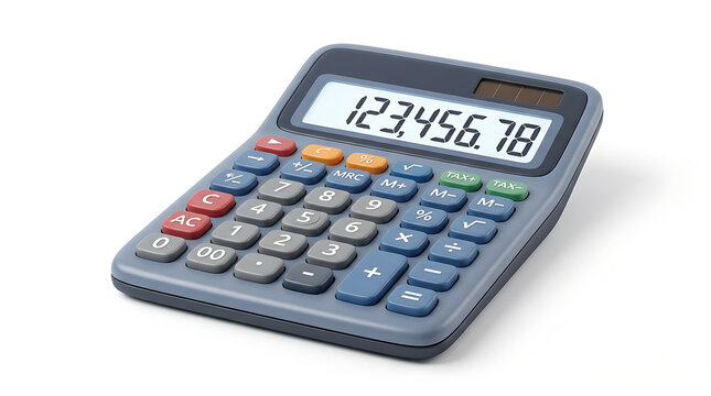 A grey electronic calculator with a digital display showing "123,456.78" and colorful buttons on a white background.