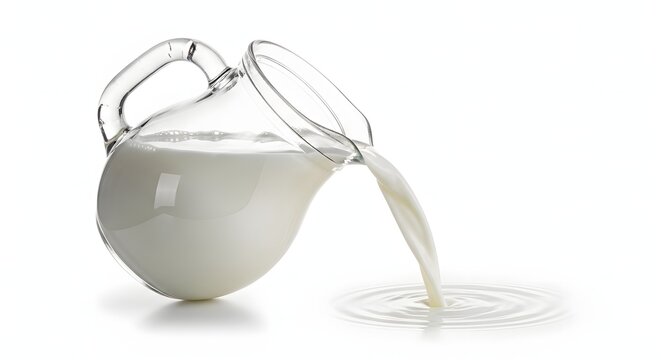 Fresh cow milk pours from a transparent glass pitcher creating ripples on a flat surface while providing a healthy source of calcium and protein for everyday nutrition in a kitchen cooking