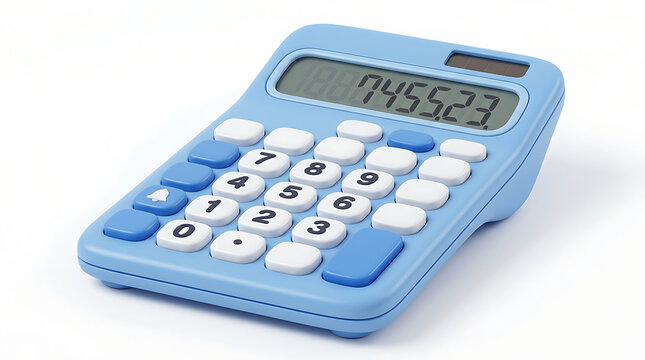 A light blue calculator with white and blue buttons displaying a number on a clean white background.