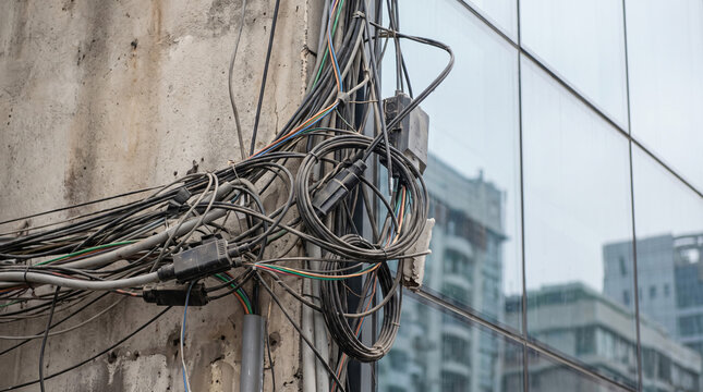 Tangle of electric wires and cables attached to weathered concrete pole outside modern building window