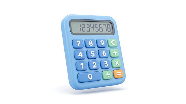 A cute light blue 3D rendered calculator with a digital display showing numbers and colorful buttons for arithmetic operations on a white background.