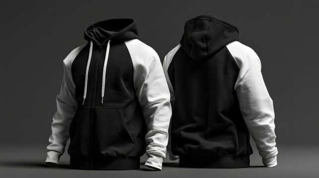 Front and back view of a black and white raglan hoodie sweatshirt mockup in a studio setting. Perfect for fashion apparel design and branding presentations.